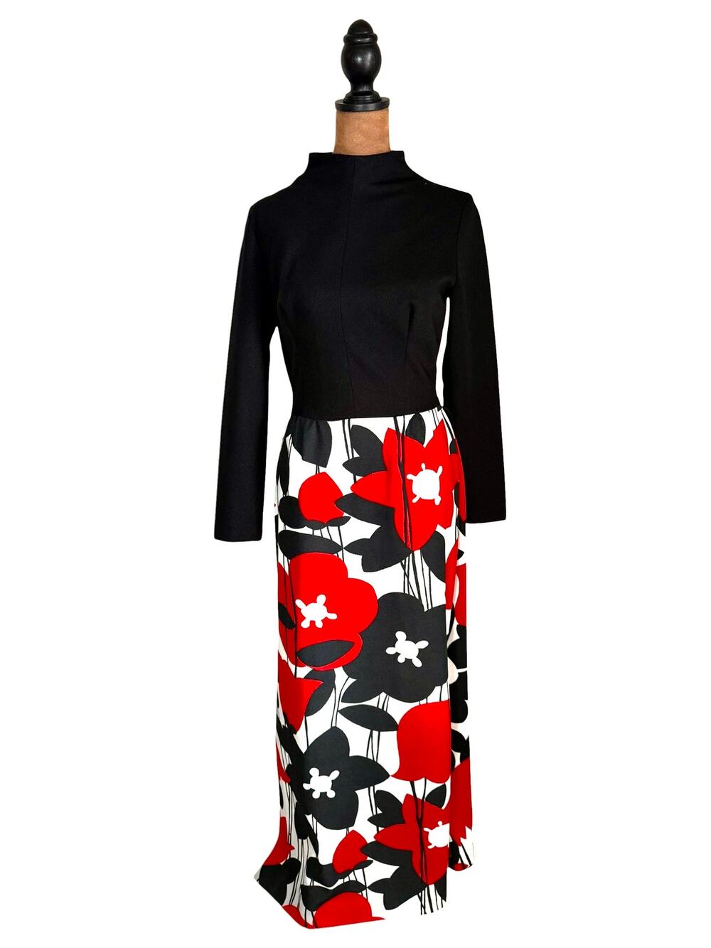 Black Mock Neck Floral Maxi Dress Red White Print